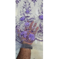 Tule Bordado com Glitter  3D Lilás  ST3853   