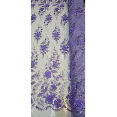 Tule Bordado com Glitter  3D Lilás  ST3853   