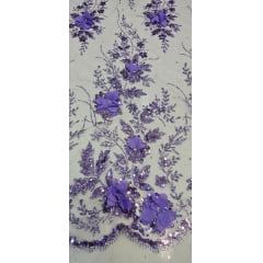 Tule Bordado com Glitter  3D Lilás  ST3853   