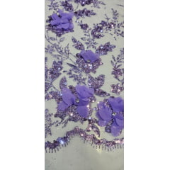 Tule Bordado com Glitter  3D Lilás  ST3853   