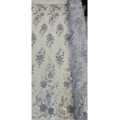 Tule Bordado com Glitter  3D Prata ST3853 