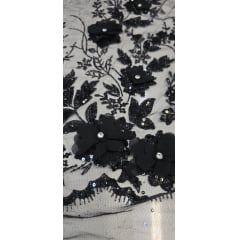 Tule Bordado com Glitter  3D Preto  ST3853  
