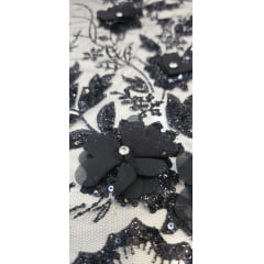 Tule Bordado com Glitter  3D Preto  ST3853  