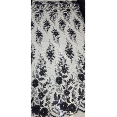 Tule Bordado com Glitter  3D Preto  ST3853  