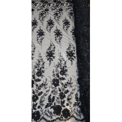 Tule Bordado com Glitter  3D Preto  ST3853  