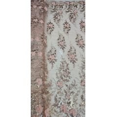 Tule Bordado com Glitter  3D Rosê Gold ST3853 
