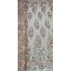 Tule Bordado com Glitter  3D Rosê Gold ST3853 