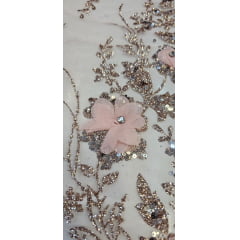 Tule Bordado com Glitter  3D Rosê Gold ST3853 