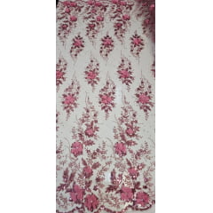 Tule Bordado com Glitter  3D Rosê ST3853