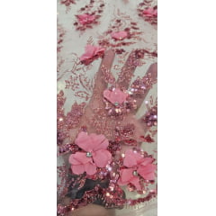 Tule Bordado com Glitter  3D Rosê ST3853