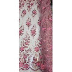 Tule Bordado com Glitter  3D Rosê ST3853