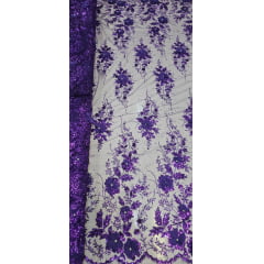 Tule Bordado com Glitter  3D Roxo ST3853   