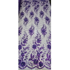 Tule Bordado com Glitter  3D Roxo ST3853   