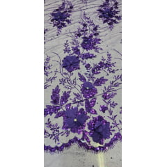 Tule Bordado com Glitter  3D Roxo ST3853   