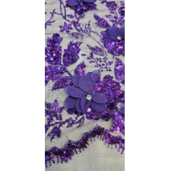 Tule Bordado com Glitter  3D Roxo ST3853   