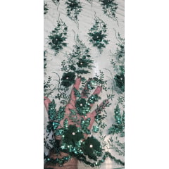 Tule Bordado com Glitter  3D Verde Floresta ST3853   