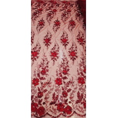 Tule Bordado com Glitter  3D Vermelho Ferrari ST3853 