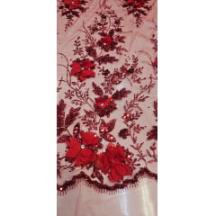 Tule Bordado com Glitter  3D Vermelho Ferrari ST3853 