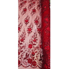 Tule Bordado com Glitter  3D Vermelho Ferrari ST3853 