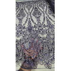 Tule Bordado com Glitter e Paetê Azul Marinho  Modelo 3563 