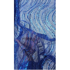Tule Bordado com Glitter  e Paetê Azul Royal Wave P224  