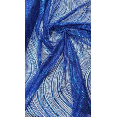 Tule Bordado com Glitter  e Paetê Azul Royal Wave P224  