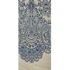 Tule Bordado com Glitter e Paetê Azul Serenity Modelo 3563