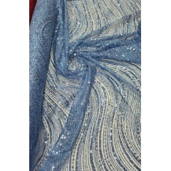 Tule Bordado com Glitter  e Paetê Azul Serenity  Wave P224  