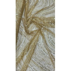 Tule Bordado com Glitter  e Paetê Dourado Wave P224 