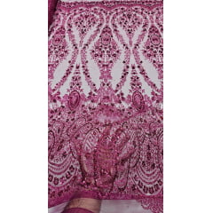 Tule Bordado com Glitter e Paetê Fucsia Modelo 3563