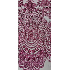 Tule Bordado com Glitter e Paetê Fucsia Modelo 3563