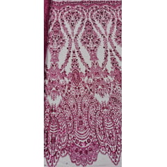 Tule Bordado com Glitter e Paetê Fucsia Modelo 3563