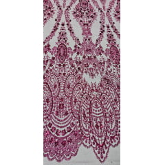Tule Bordado com Glitter e Paetê Fucsia Modelo 3563