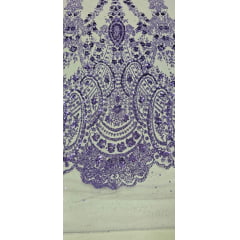 Tule Bordado com Glitter e Paetê Lilás Modelo 3563