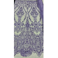 Tule Bordado com Glitter e Paetê Lilás Modelo 3563