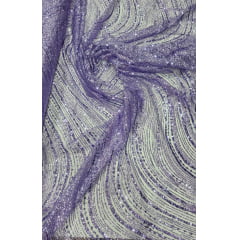 Tule Bordado com Glitter  e Paetê Lilás Wave P224  