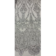 Tule Bordado com Glitter e Paetê Prata Modelo 3563