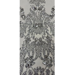 Tule Bordado com Glitter e Paetê Prata Modelo 3563