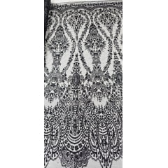 Tule Bordado com Glitter e Paetê Preto Modelo 3563