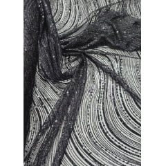Tule Bordado com Glitter  e Paetê Preto  Wave P224   