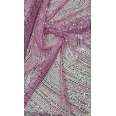 Tule Bordado com Glitter  e Paetê Rosa Bebê  Wave P224  