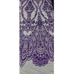 Tule Bordado com Glitter e Paetê Roxo Modelo 3563