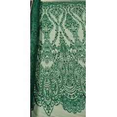 Tule Bordado com Glitter e Paetê Verde Esmeralda Modelo 3563