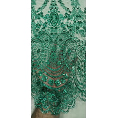 Tule Bordado com Glitter e Paetê Verde Esmeralda Modelo 3563