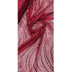 Tule Bordado com Glitter  e Paetê Vermelho Wave P224 