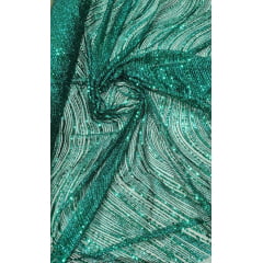 Tule Bordado com Glitter  e Paetê Verde Esmeralda Wave P224