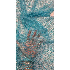 Tule Bordado com Glitter e Paetês Azul Turquesa HS2126