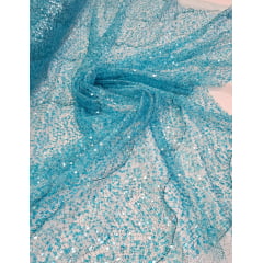 Tule Bordado com Glitter e Paetês Azul Turquesa HS2128