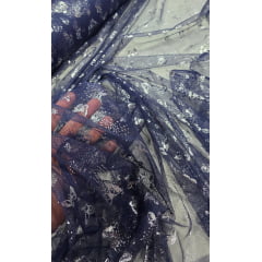 Tule com Glitter Fantasy Borboletas Azul Marinho