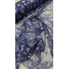 Tule com Glitter Fantasy Borboletas Azul Marinho